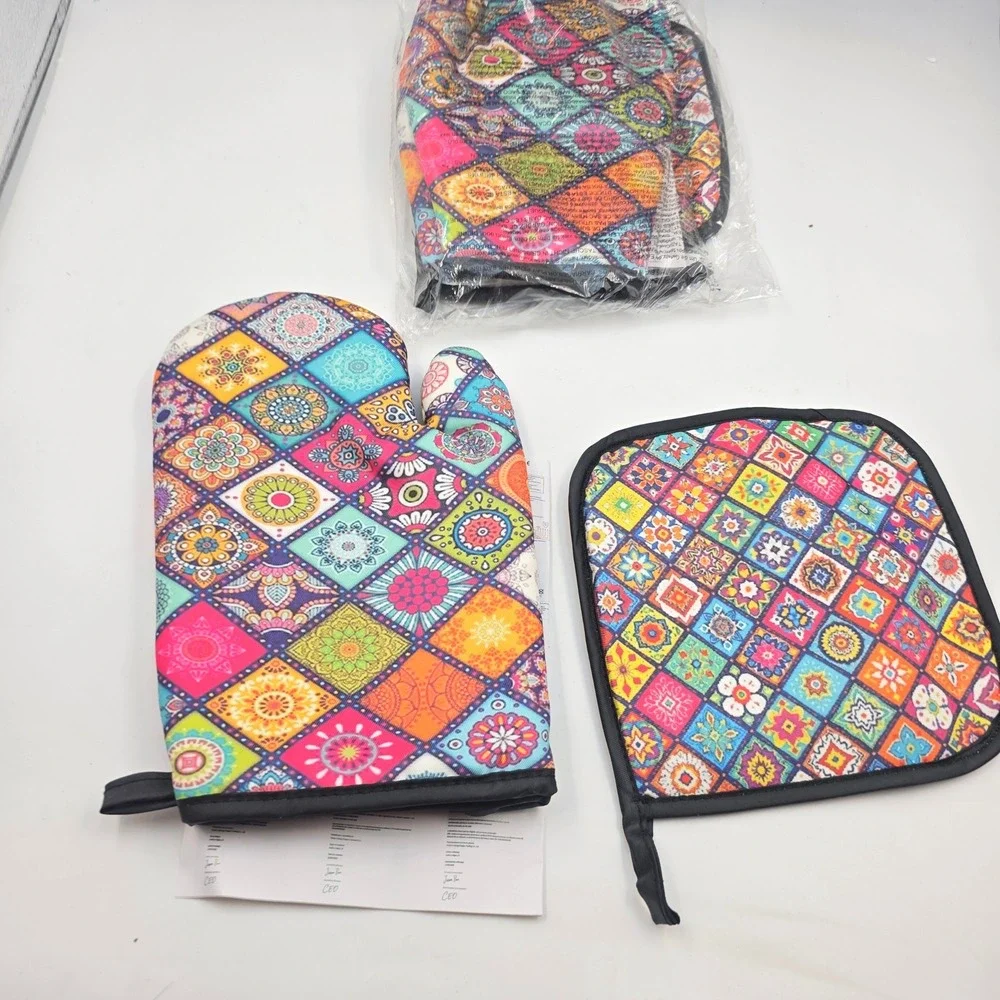 Mandala Patchwork Oven Mitt and Pot Holder Set 3 Piece Colorful Boho Kitchen L4